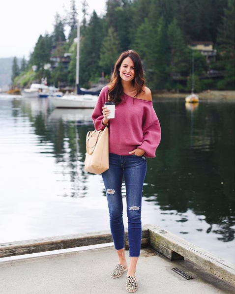 the miller affect eating at honey's in deep cover, north vancouver and wearing a pink free people sweater