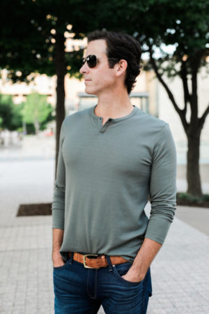 the miller affect husband wearing an olive henley from the nsale