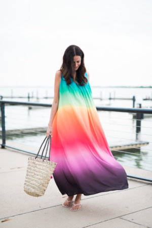 the miller affect wearing a Rafaella Ombre Rainbow Sundress from Stage Stores