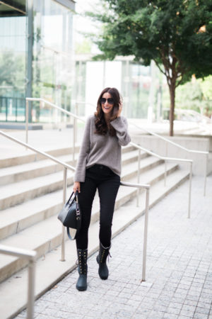 the miller affect wearing a brushed cashmere taupe sweater from Banana Republic