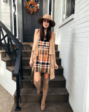 The Miller Affect in fall outfit, orange plaid dress and otk boots