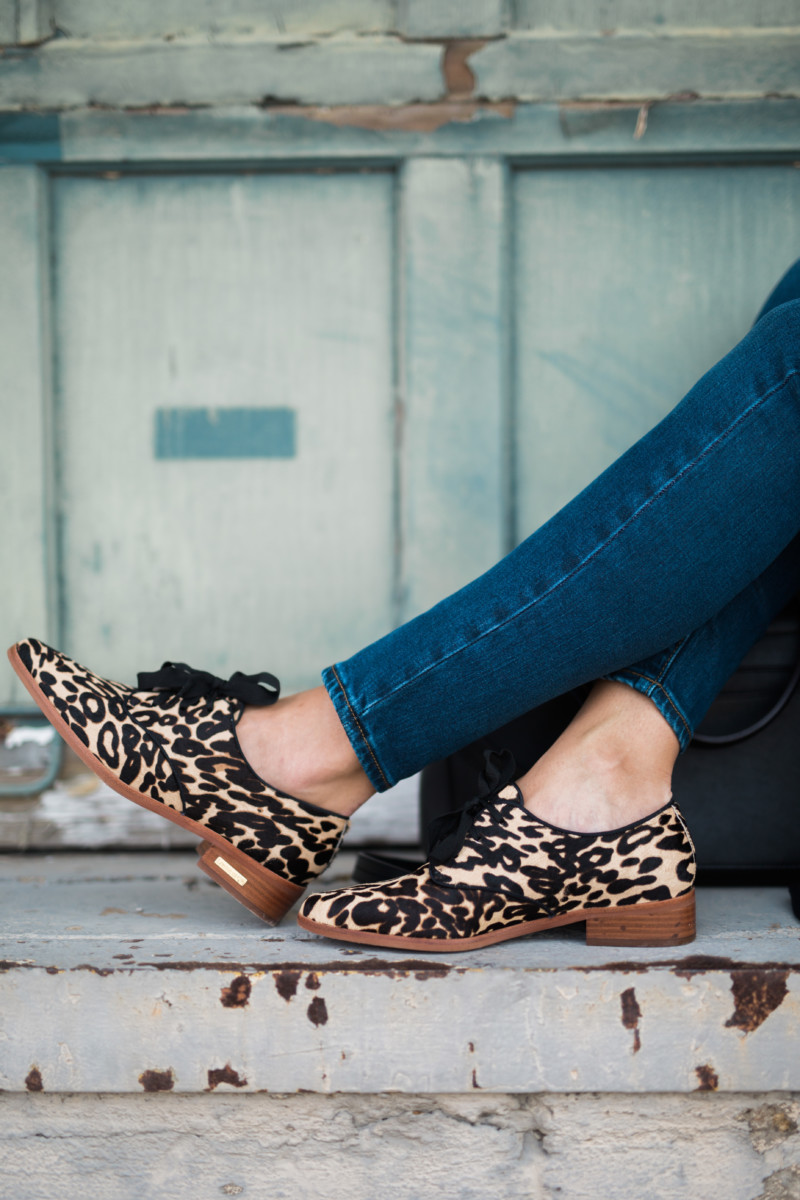 the miller affect wearing Louise et Cie leopard loafers
