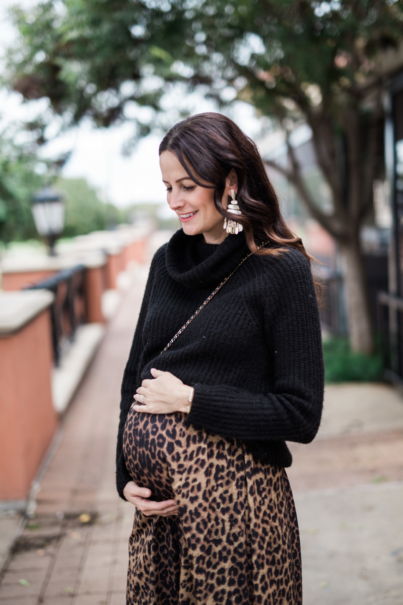 the miller affect wearing a leopard midi maternity skirt