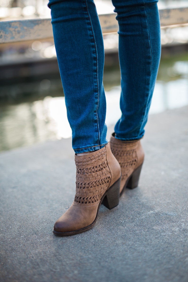 the miller affect wearing brown leather braided booties under $50