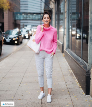 the miller affect comfortable winter outfits with pink sweater and joggers