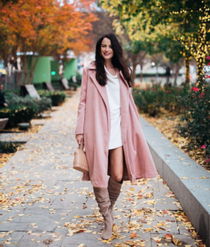 the miller affect long pink coat and tan scrunchy boots
