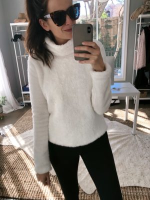 white fleece pullover for $24 on the miller affect