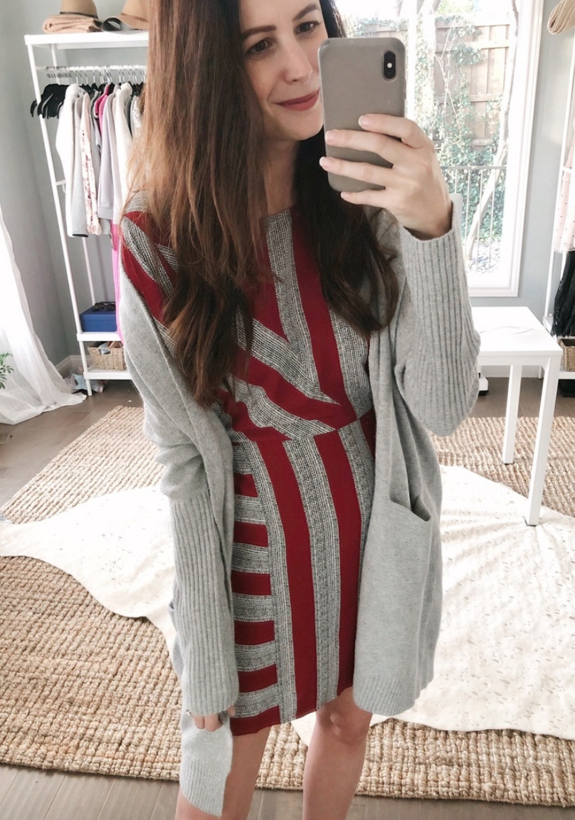 themilleraffect.com wearing a red stripe dress and grey cardigan
