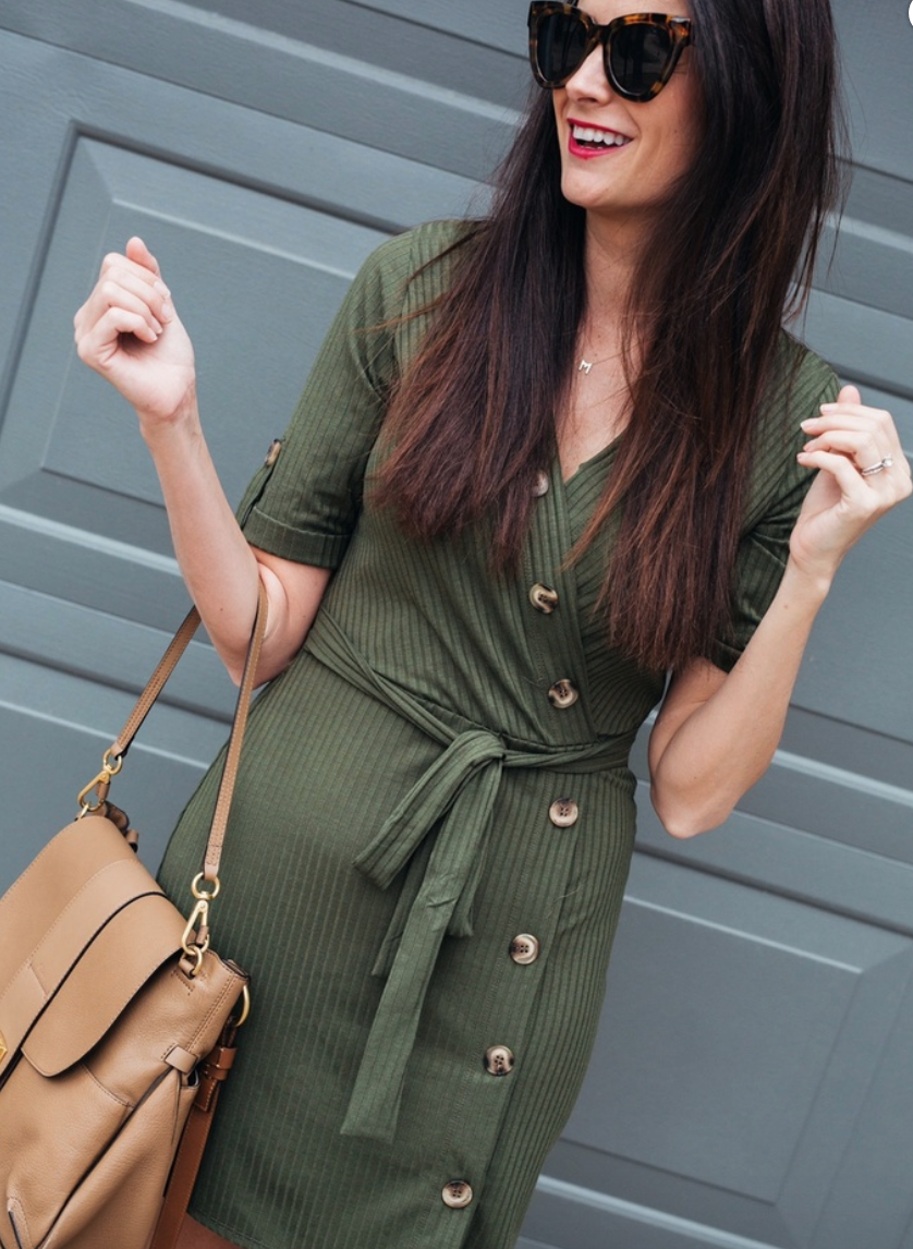 themilleraffect.com wearing an olive green wrap dress