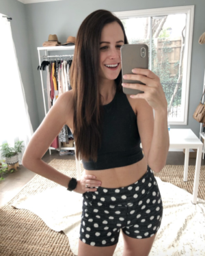 themilleraffect.com in black polka dot workout shorts