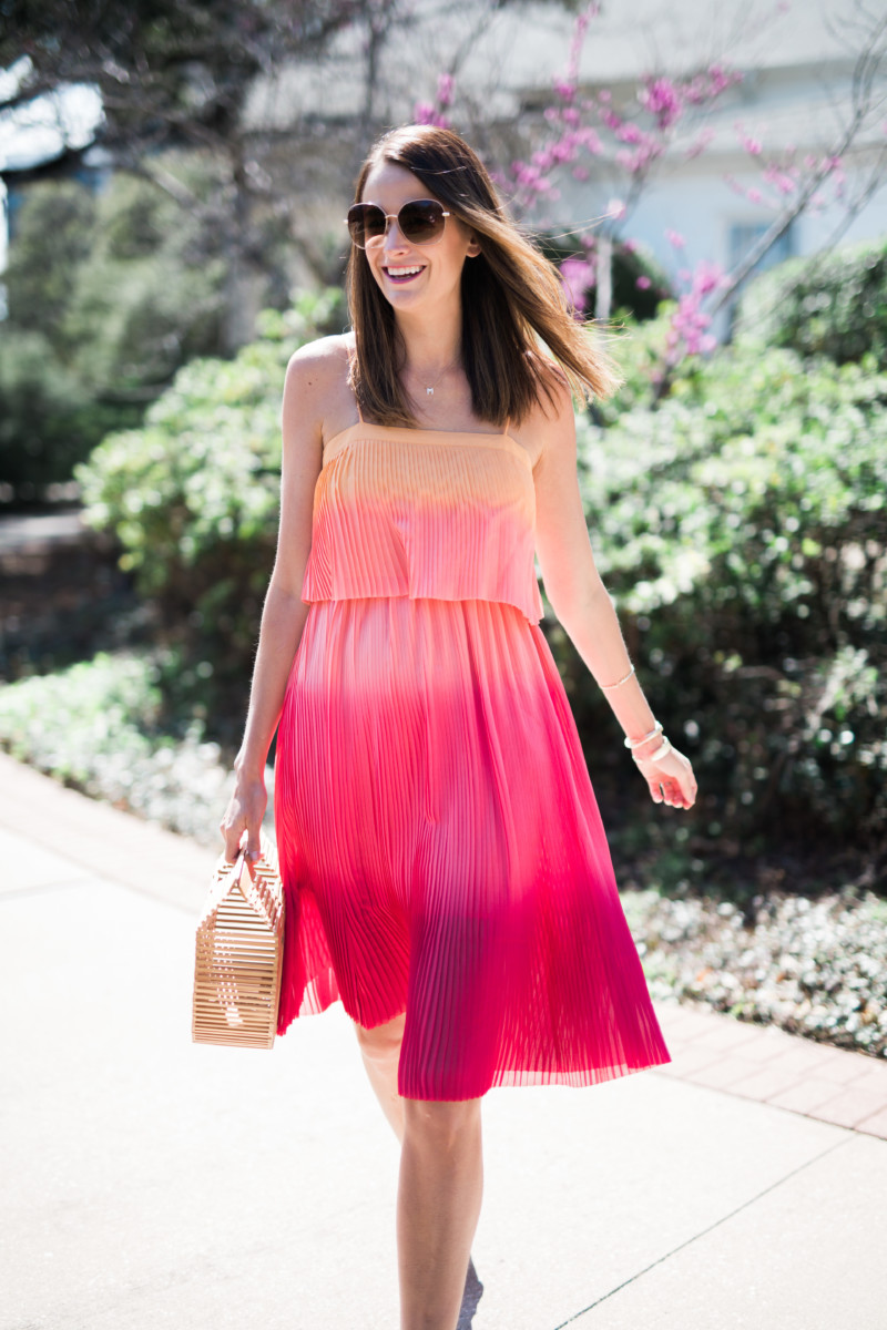 themilleraffect.com wearing pink ombre pleated maxi dress