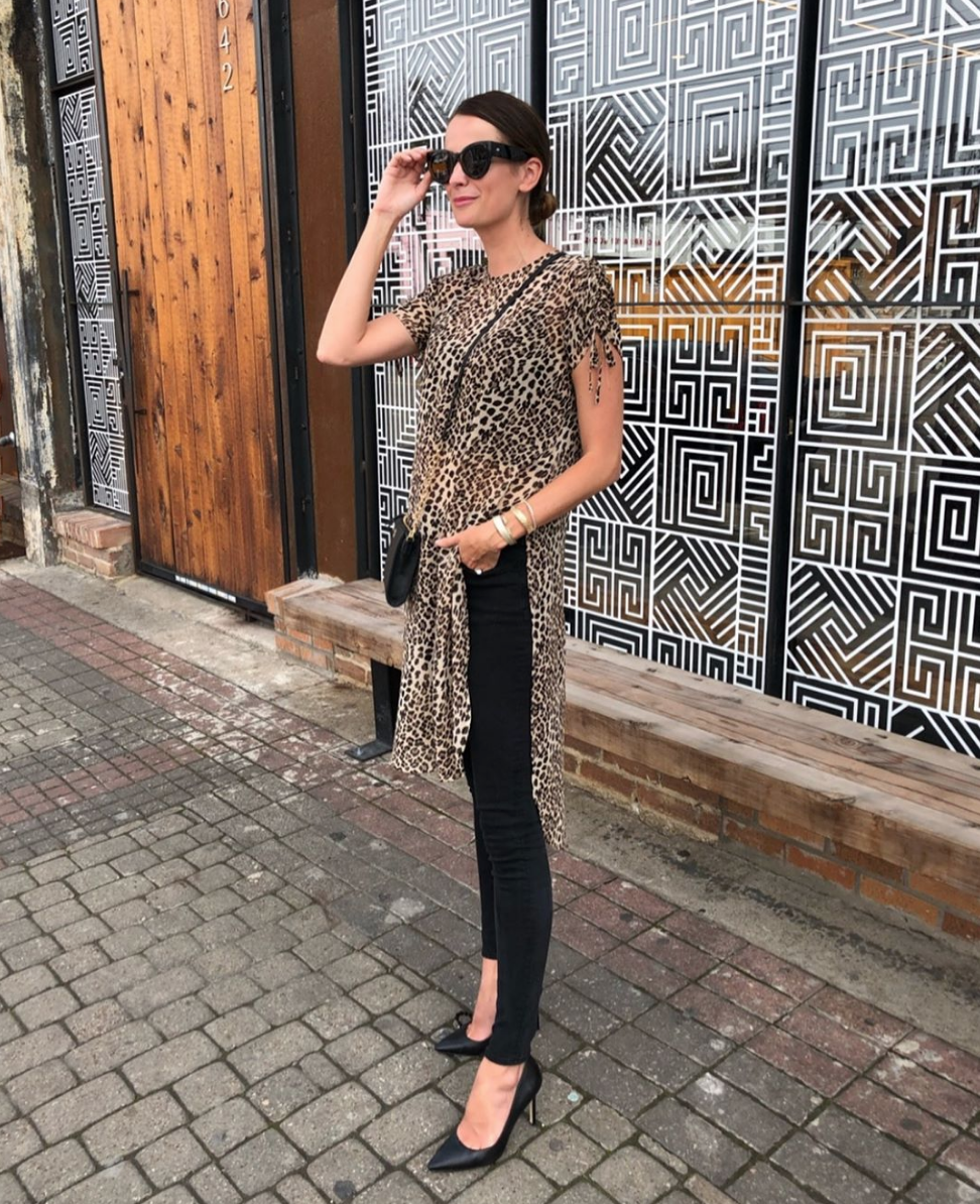 the miller affect wearing a leopard tunic from vince camuto