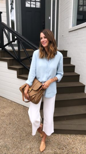 themilleraffect.com wearing white jeans and chambray top