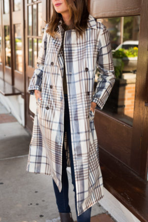 the miller affect wearing a plaid coated trench coat from something navy