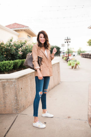 camel leather blazer and golden goose sneakers on themilleraffect.com