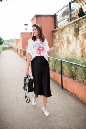 graphic tee and midi skirt with golden goose sneakers on themilleraffect.com