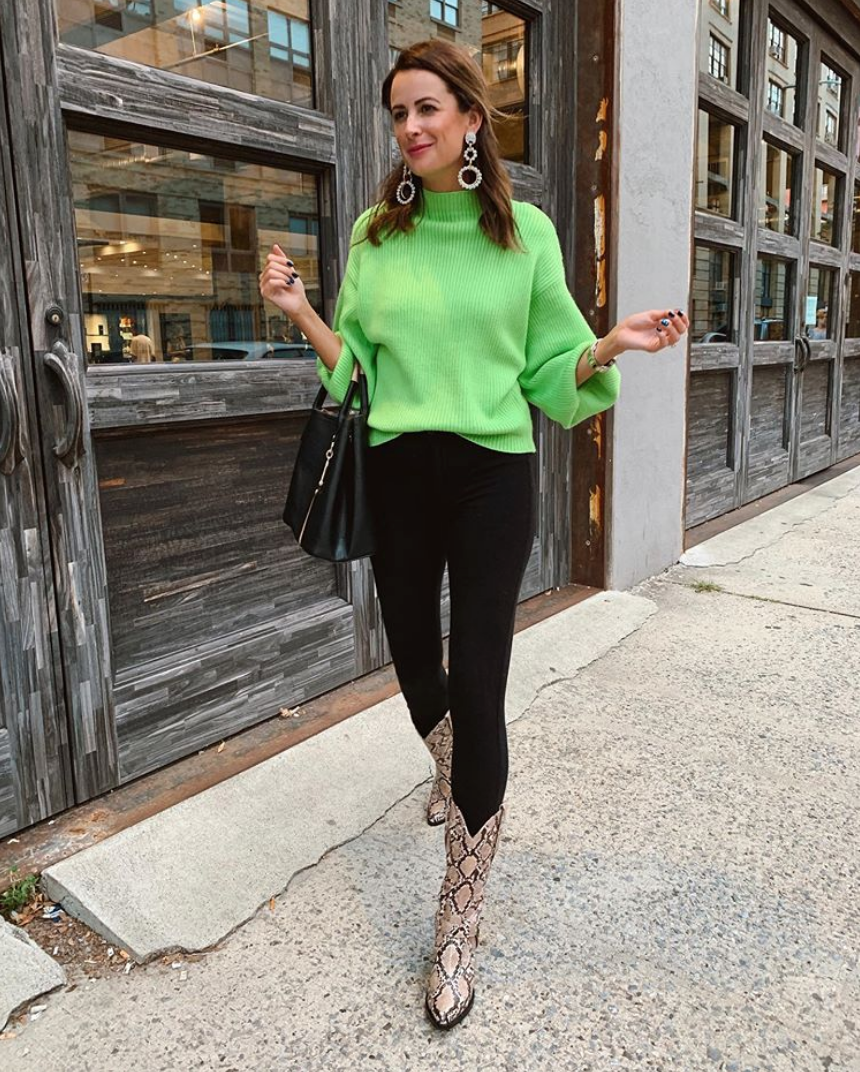 themilleraffect.com wearing a neon sweater and jeffrey campbell boots at NYFW
