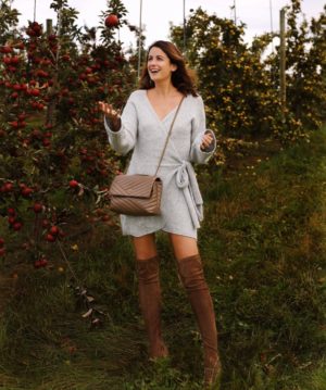 sweater wrap dress on the miller affect during her fall new england road trip