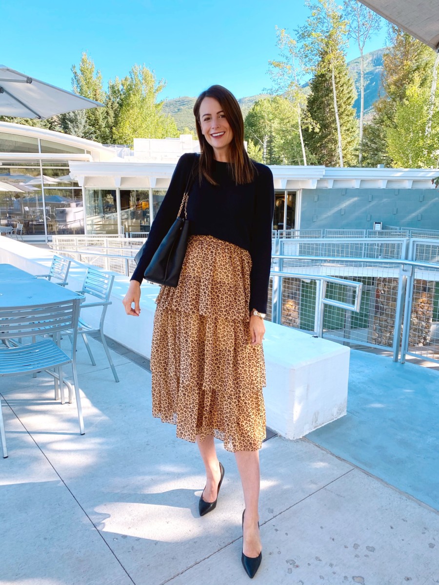 the miller affect wearing a leopard print tiered midi skirt from the nsale