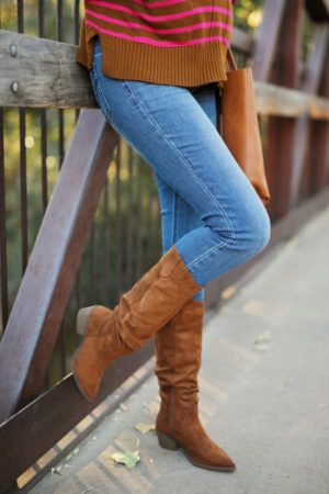 the miller affect wearing cognac suede slouch boots